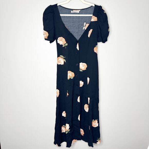Reformation Britt Dress Midi Button-Up V-Neck Short Sleeve Floral Black Size 2